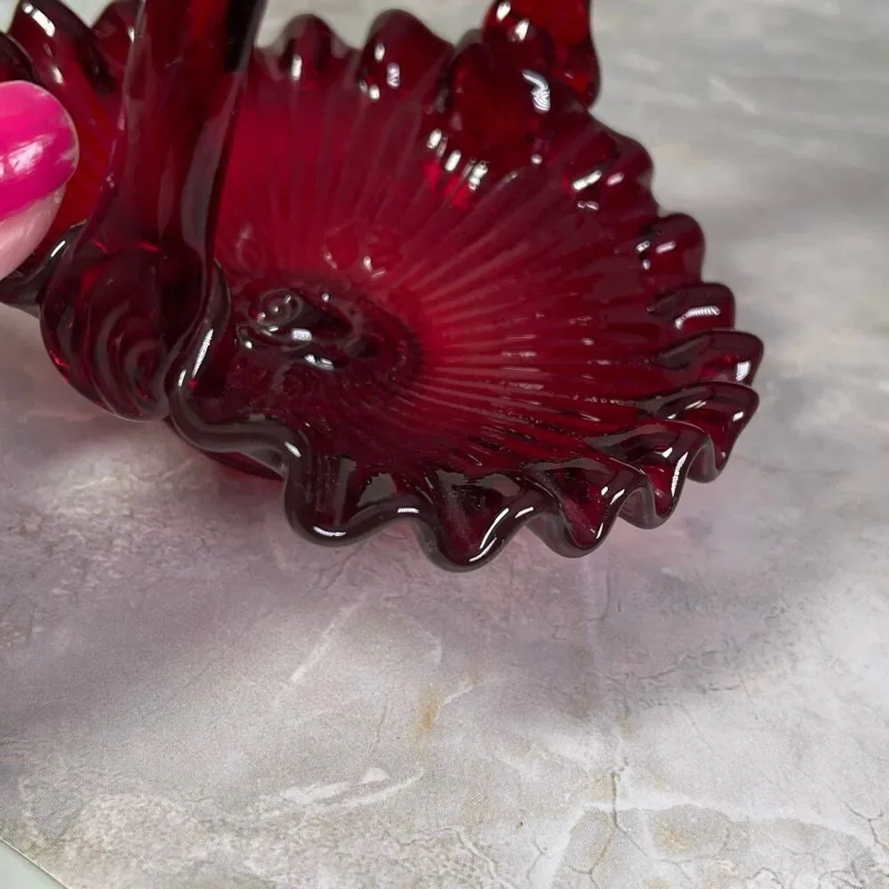 Vintage Fenton Ruby Red thumbprint basket with rose bottom signed